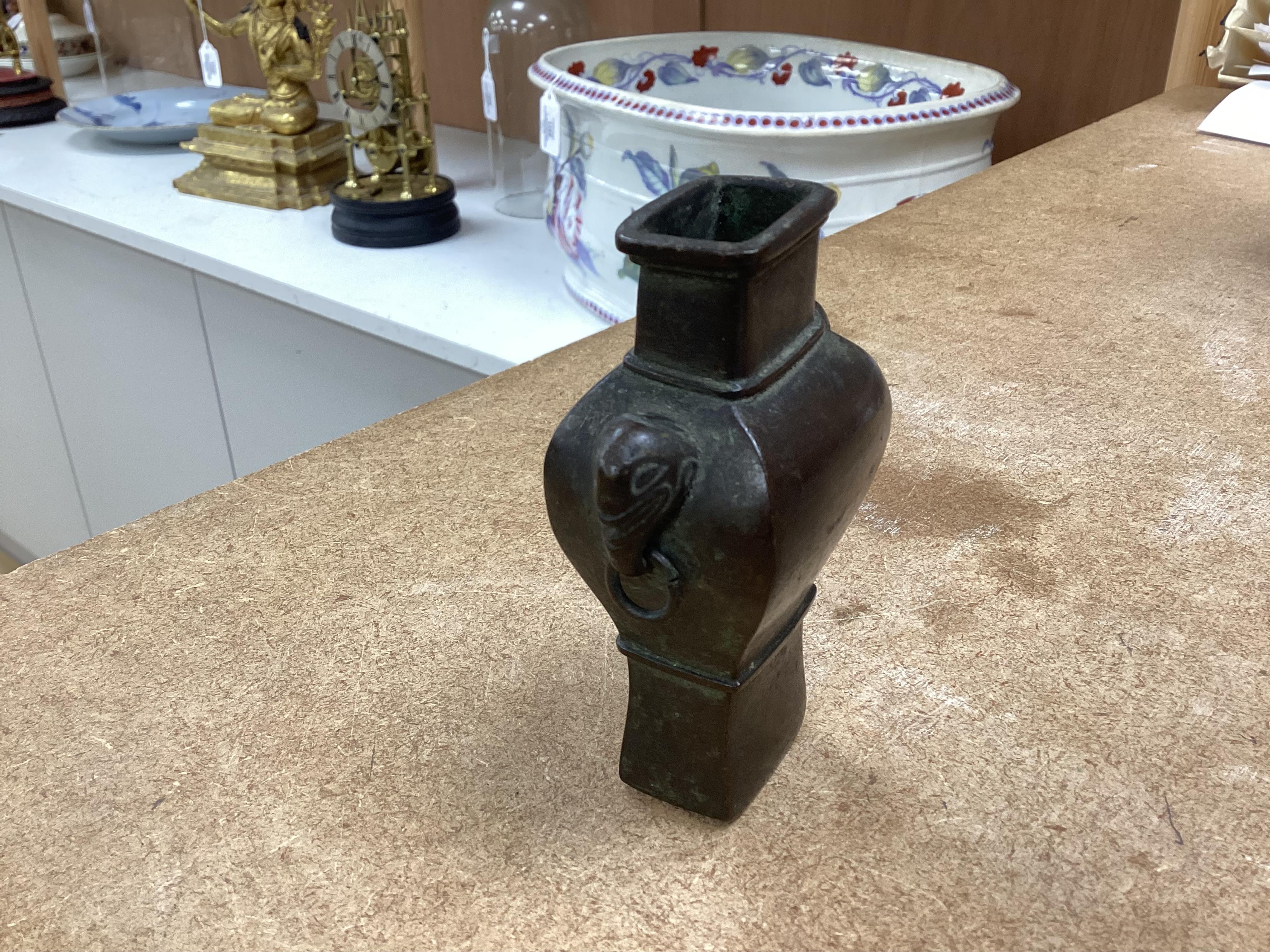A Chinese bronze small vase, 19th century, rose quartz-14cm and Kyanite specimens, a soapstone seal and a glass snuff bottle